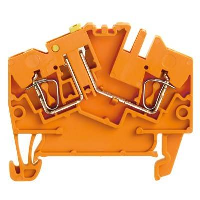 Eine Nahaufnahme eines orangefarbenen elektrischen Anschlussklemmenblocks für Kabelverbindungen, die seine internen Metallkomponenten und die Kunststoffgehäusestruktur zeigt.