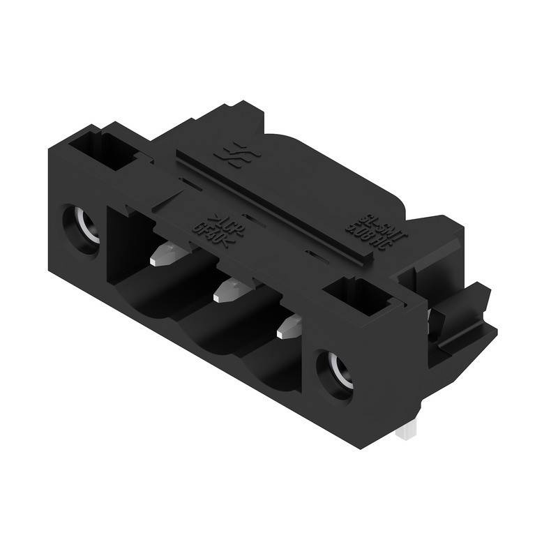 Ein schwarzer Anschlussblock mit drei Schraubenanschlüssen für elektrische Verbindungen, mit kompaktem Design, geeignet für die Montage auf Leiterplatten.
