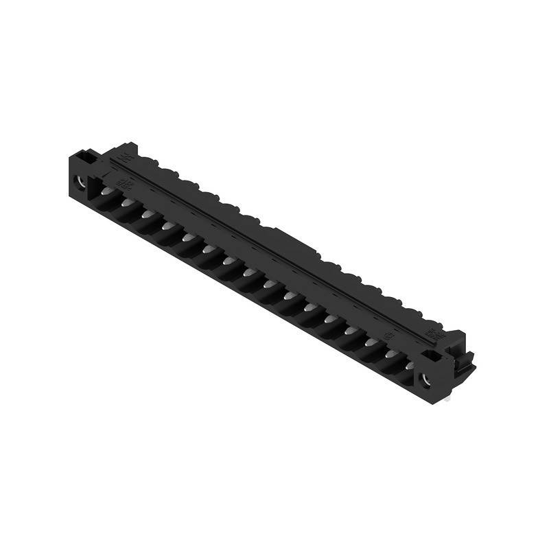 Eine schwarze, rechteckige Komponente mit einem Zickzack-Muster entlang einer Seite, die einem Gestell oder Streifen ähnelt. Der Kontext oder die Funktion sind nicht spezifiziert.