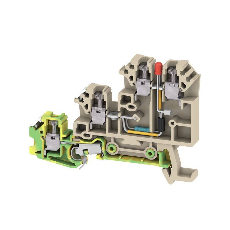 Querschnitt eines elektrischen Klemmenblockes, der die internen Komponenten und Verbindungen zeigt, mit Fokus auf Sicherheit und effiziente Verkabelung.