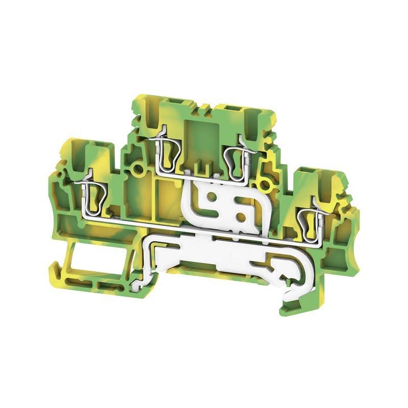 Ein grüner und gelber Kunststoff-Elektroklemmenblock mit komplexer Innenstruktur, verwendet zum Anschluss von elektrischen Kabeln.