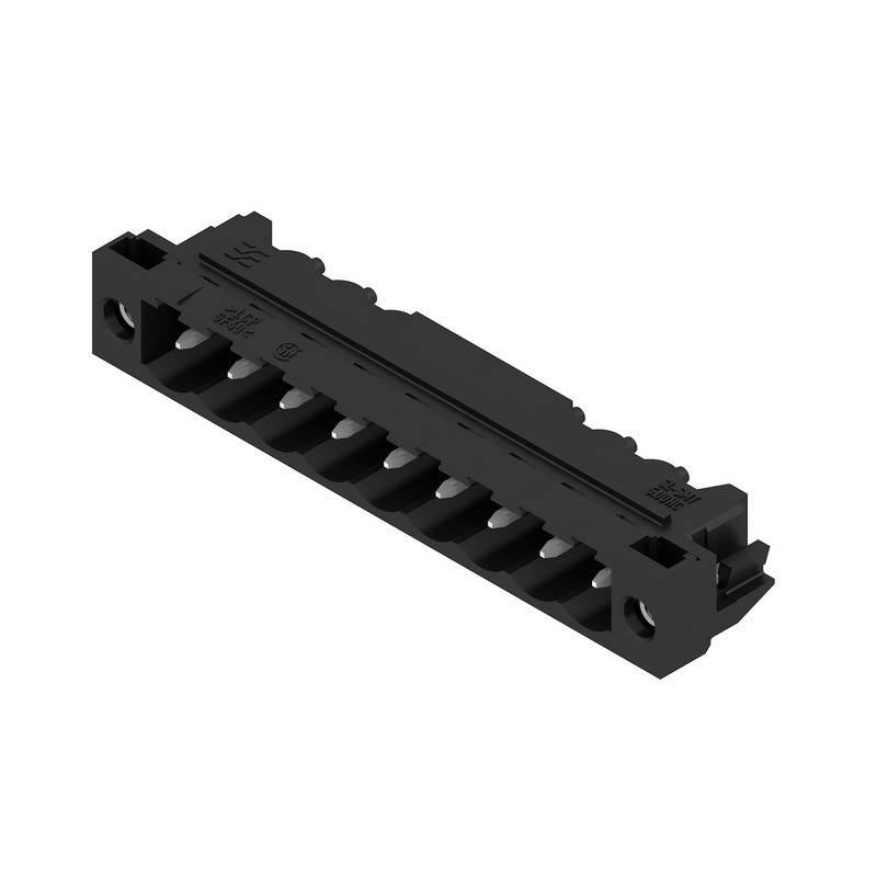 Eine schwarze, rechteckige elektronische Komponente mit mehreren Schlitzen und komplexen Details, möglicherweise ein Anschluss oder Teil einer Leiterplatte.