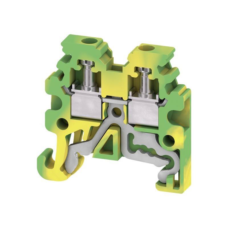 Schnittansicht eines PE-Klemmenblocks mit grün-gelber Gehäusefarbe, die die internen Metallverbindungen und Schraubklemmen zeigt.