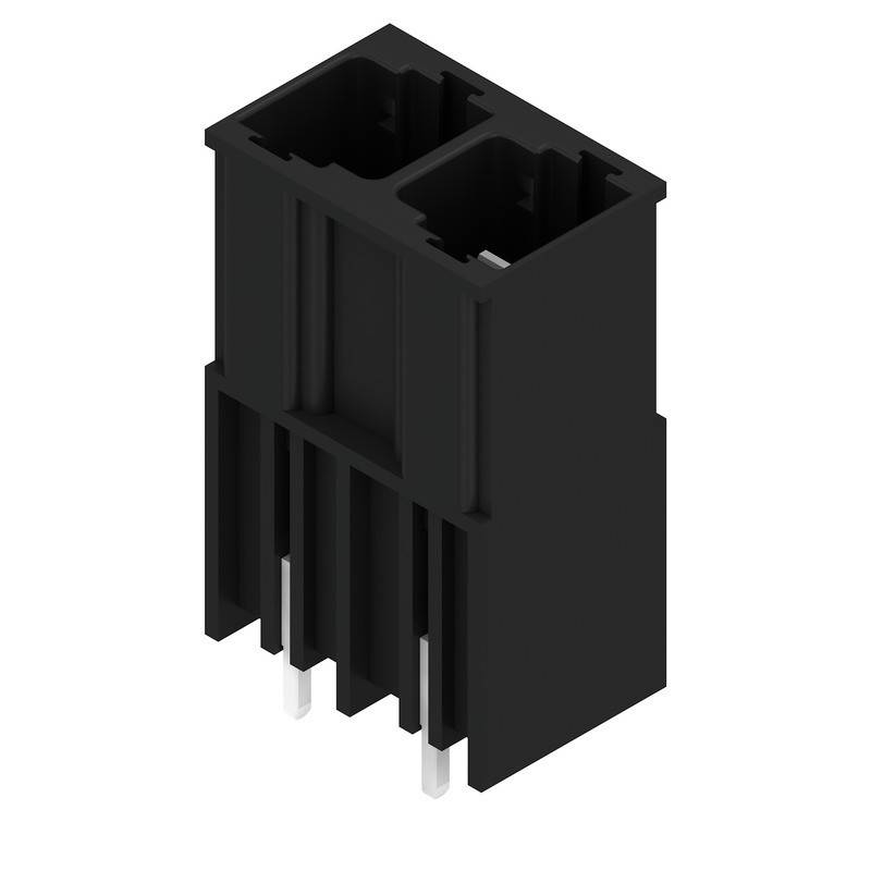 Ein schwarzer Steckverbinder mit doppelter Reihe, ausgestattet mit vier Metallstiften, der für elektronische Schaltungsverbindungen verwendet wird.