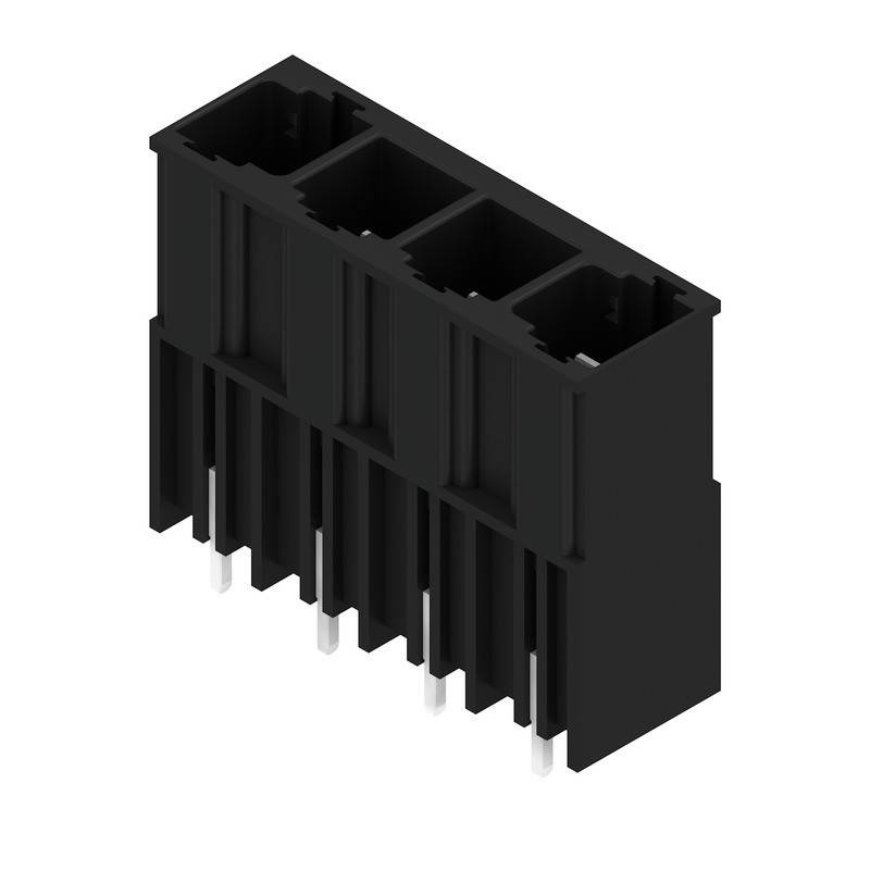 Ein schwarzer Kunststoff-Elektronikstecker mit acht Metallpins, der zum Verbinden von Schaltkreisen in elektronischen Geräten verwendet wird.