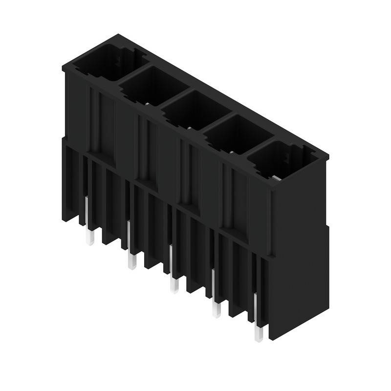 Ein schwarzer elektronischer Anschluss mit mehreren Steckplätzen, der entwickelt wurde, um sich mit entsprechenden Pins auf einer Leiterplatte zu verbinden.