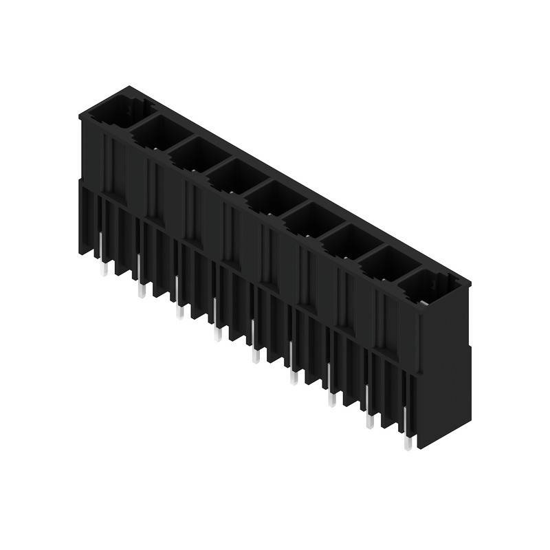 Ein schwarzer, rechteckiger elektronischer Anschluss mit mehreren Pins, der zum Verbinden von Komponenten auf einer Leiterplatte verwendet wird.