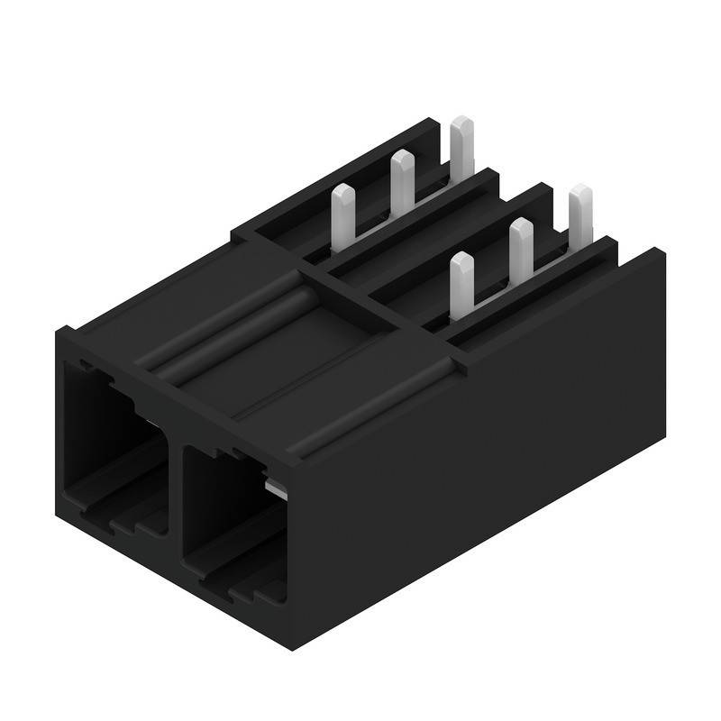 Ein schwarzer Doppelreihen-Verbinder mit acht silbernen Pins, der für elektrische Verbindungen in Geräten verwendet wird, dargestellt in einer Seitenansicht.
