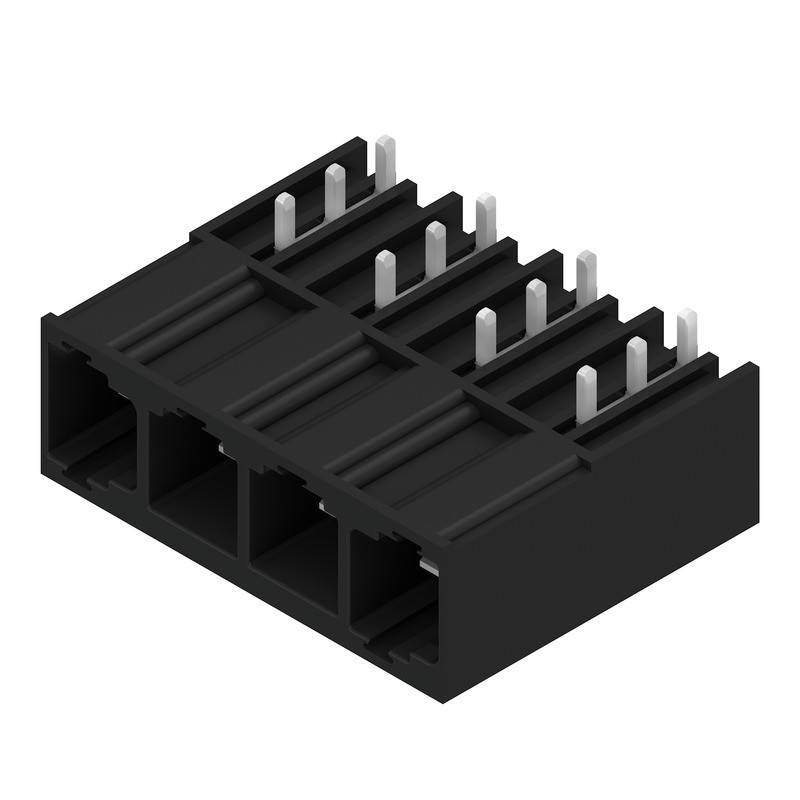 Ein schwarzer, rechteckiger Elektronikstecker mit drei Reihen von Metallstiften, die von einer Seite hervorstehen, der in eine entsprechende Buchse eingesteckt werden kann.