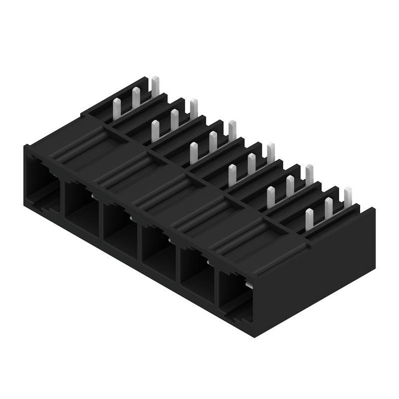 Ein schwarzer, rechteckiger Kunststoffverbinder mit mehreren Schlitzen und Metallstiften, der typischerweise für elektronische Schaltungsverbindungen verwendet wird.