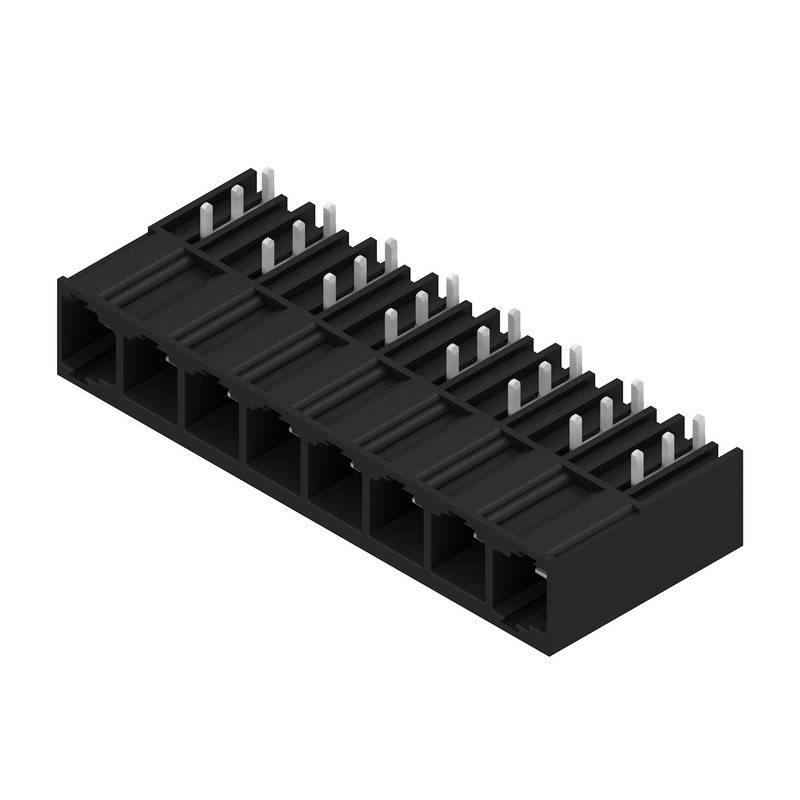 Schwarzer Elektroverbinder aus Kunststoff mit mehreren Metallpins, konzipiert für die Integration in elektronische Leiterplatten.