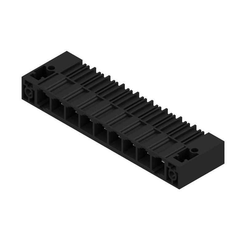 Ein schwarzer rechteckiger Kunststoffverbinder mit mehreren Schlitzen, der typischerweise für elektronische Schaltungsverbindungen verwendet wird.