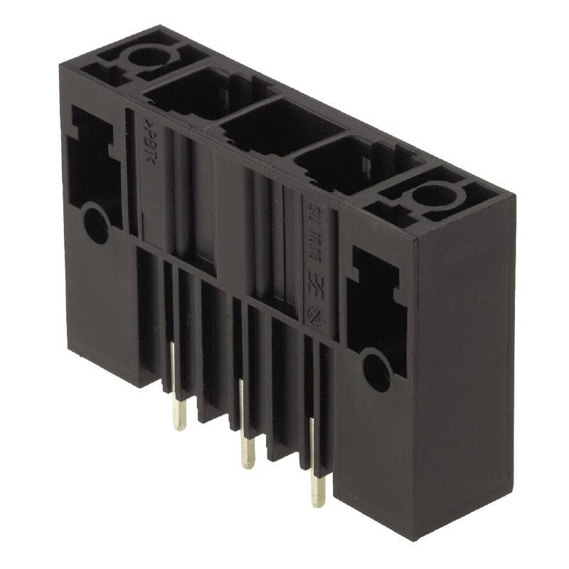 Ein schwarzer Kunststoff-Elektroanschluss mit fünf Metallstiften, der zum Sichern und Verbinden elektronischer Schaltkreise verwendet wird.