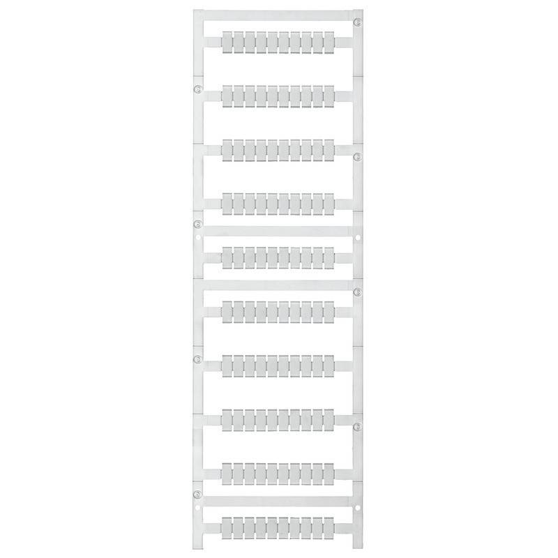 Ein weißes LEGO Zahnstangenelement mit zehn gleichmäßig verteilten horizontalen Rillen, geeignet für mechanische und konstruktive Anwendungen.