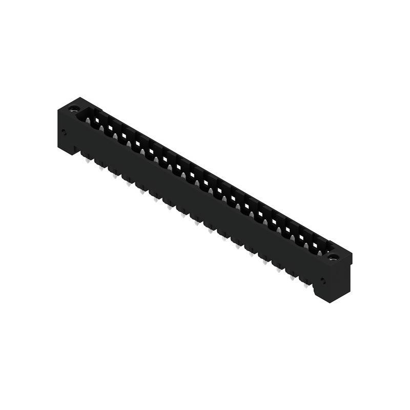 Eine 3D-Darstellung eines langen, rechteckigen elektronischen Anschlusses mit mehreren Pins, die in einer Reihe angeordnet sind und zur Verbindung von Hardwarekomponenten verwendet werden.