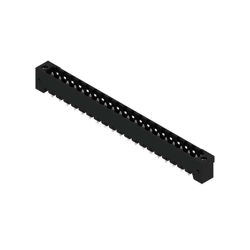 Ein schwarzer Pin-Header-Steckverbinder mit mehreren eng nebeneinander angeordneten Pins in einer einzelnen Reihe, der für Elektronikplatinen-Verbindungen konzipiert ist.