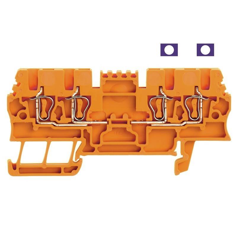 Ein orangefarbener Elektro-Klemmblock mit Metallverbindern im Inneren. Er hat zwei lila Indikatormarkierungen in der oberen rechten Ecke.