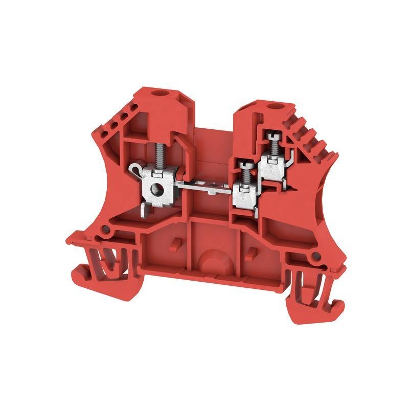 Ein roter elektrischer Klemmenblock mit zwei Befestigungspunkten, der einen Verbindungsmechanismus zum Sichern von Drähten veranschaulicht.