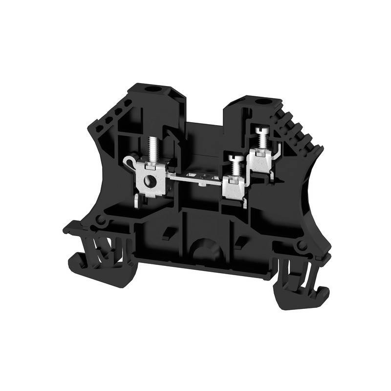 Ein schwarzer elektrischer Klemmblock mit Schraubanschlüssen und einer Metallbrücke zum Verbinden von Schaltkreisen. Konzipiert zur Montage auf einer Hutschiene.