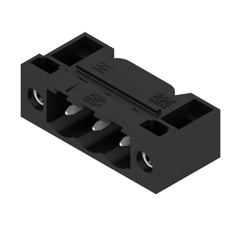 Eine schwarze, rechteckige Thermistorbefestigungseinheit mit drei Schlitzen und Befestigungslöchern an beiden Seiten, die zum sicheren Haltern von Sensoren entwickelt wurde.