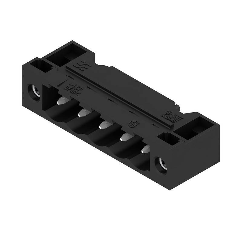 Ein schwarzer elektrischer Stecker mit sechs Metallstiften ist abgebildet. Er verfügt über Löcher an beiden Enden zum Befestigen an einer Oberfläche.