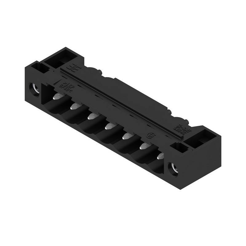 Ein schwarzer elektrischer Anschlussblock mit mehreren Anschlusspunkten, von der Seite dargestellt.