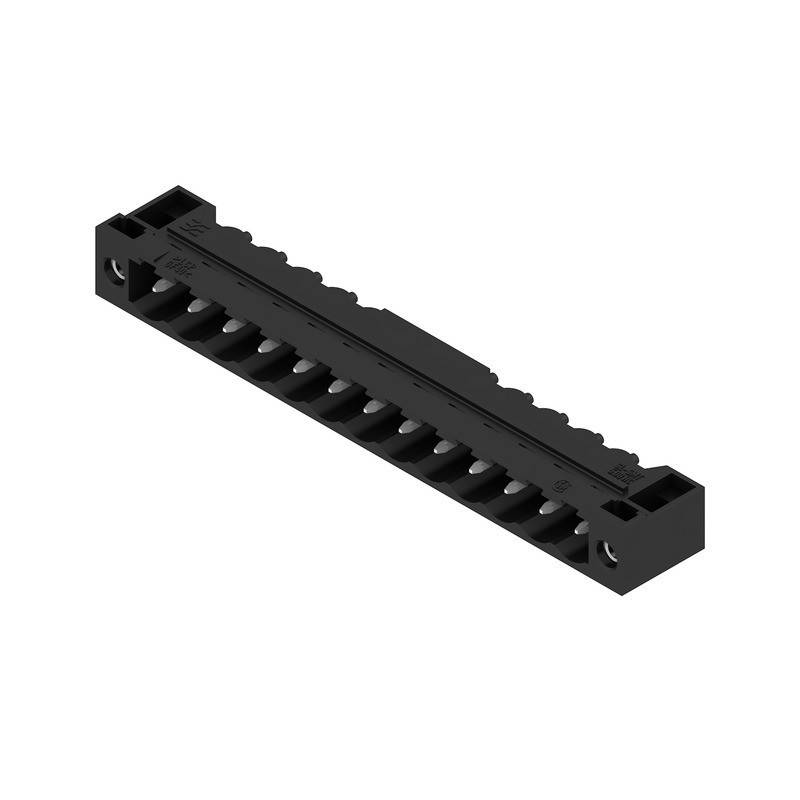 Ein schwarzer elektronischer Stecker, wahrscheinlich für Leiterplatten verwendet, hat mehrere Steckplätze zum Anschluss von Drähten oder Pins.