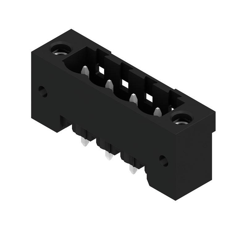 Eine 3D-Darstellung eines schwarzen rechteckigen elektronischen Anschlusses mit mehreren Metallstiften, die in zwei Reihen ausgerichtet sind und für Leiterplattenanschlüsse verwendet werden.