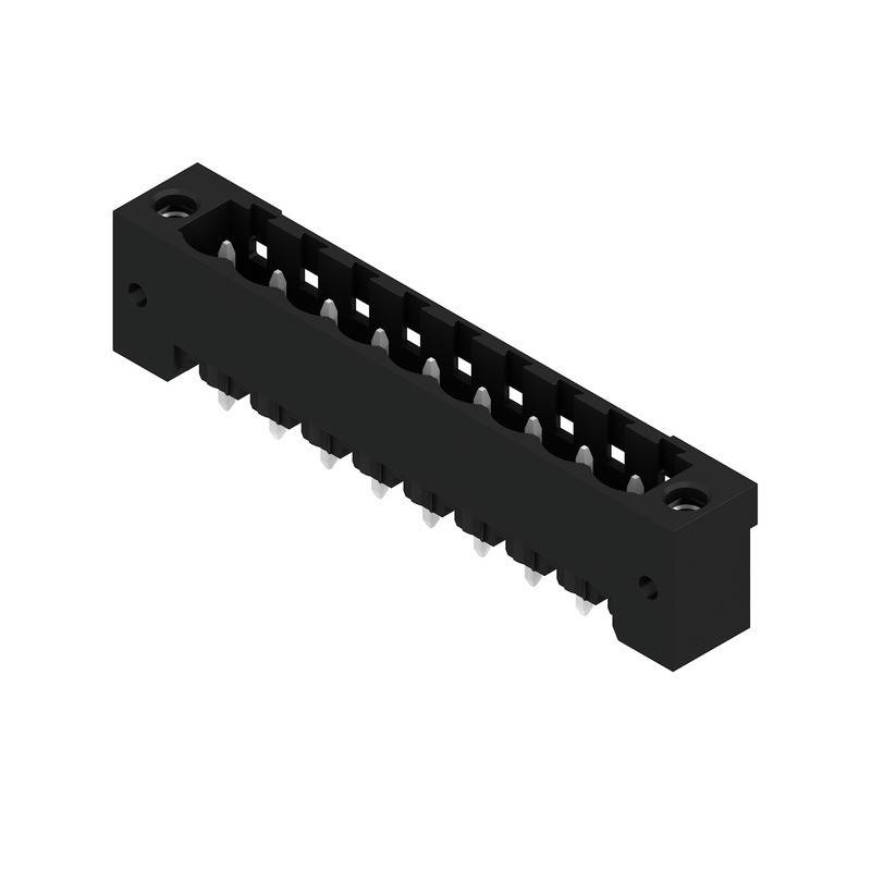 Ein schwarzer, rechteckiger Anschluss mit mehreren Pins für elektronische Komponenten, der für die Integration in Leiterplatten konzipiert ist.