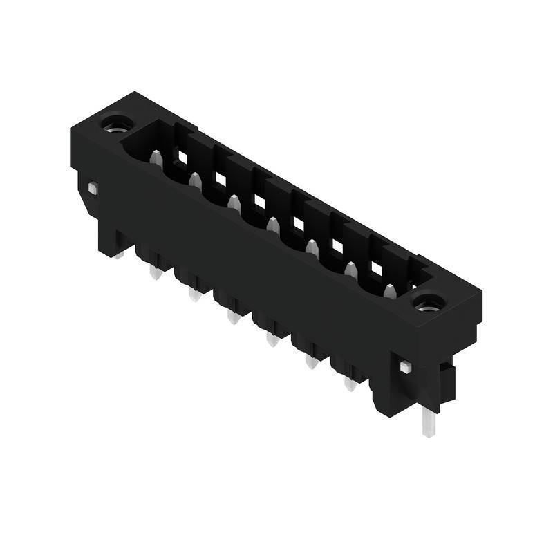 Ein schwarzer, rechteckiger elektronischer Anschluss mit mehreren Pins, die aus der Unterseite hervorstehen und für Leiterplattenanwendungen verwendet werden.
