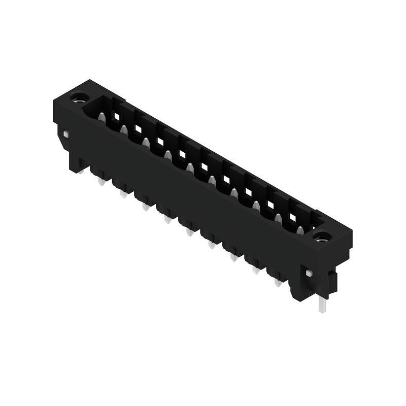 Ein schwarzer, rechteckiger elektronischer Stecker mit mehreren Metallstiften, der wahrscheinlich zur Herstellung von Verbindungen auf einer Leiterplatte verwendet wird.