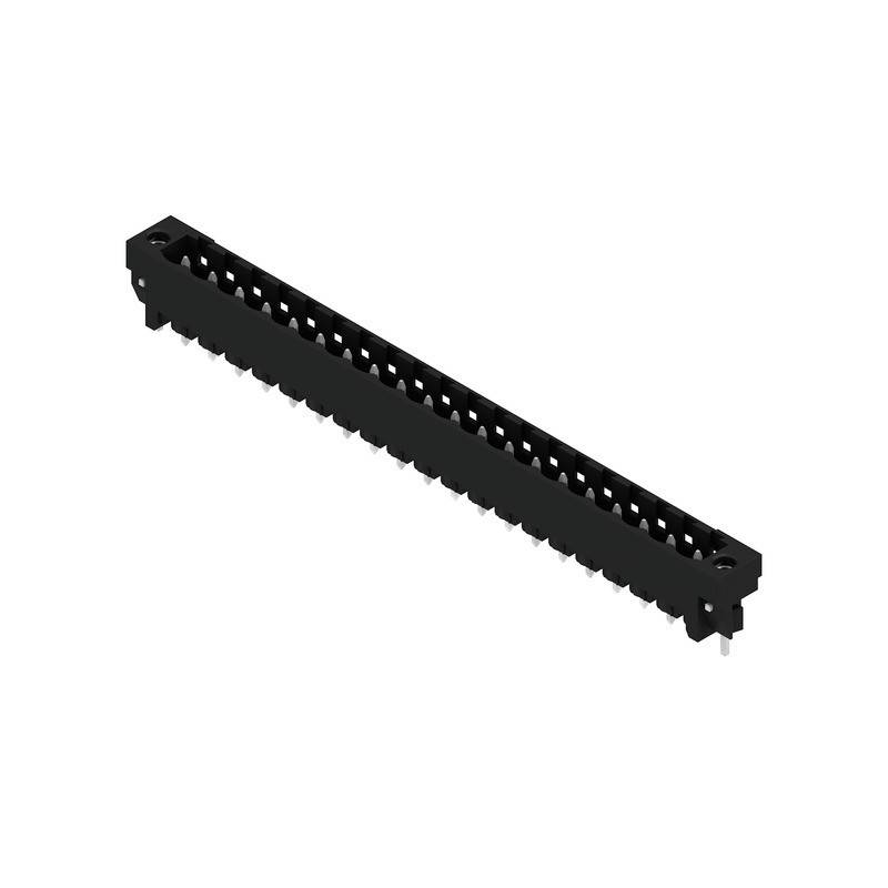 Ein schwarzer 40-poliger männlicher Steckerverbinder mit zwei parallelen Reihen von Pins, der zum Verbinden von elektronischen Komponenten auf Leiterplatten verwendet wird.