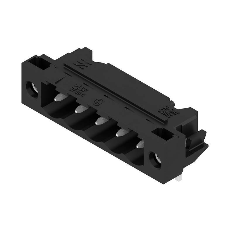 Ein schwarzer 5-poliger Schraubklemmenblock, konzipiert für elektrische Verdrahtungsverbindungen in elektronischen Geräten.