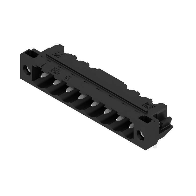 Eine schwarze, rechteckige elektronische Komponente mit mehreren Anschlüssen, höchstwahrscheinlich ein Anschlussblock, der für Leiterplattenverbindungen konzipiert ist.