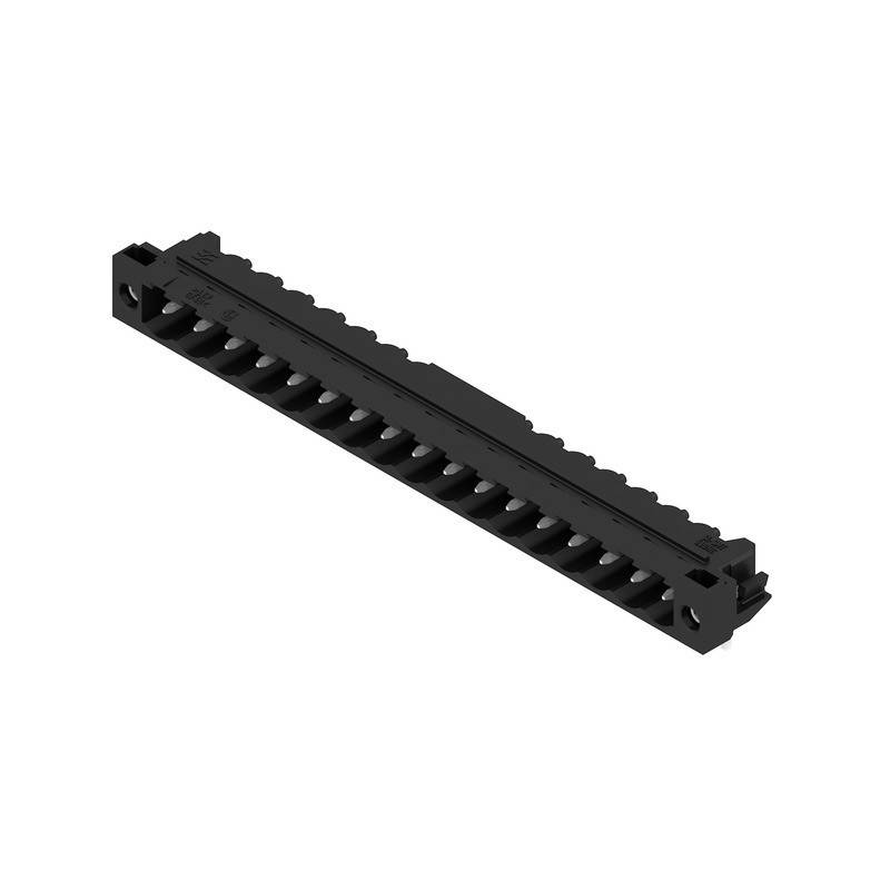 Ein schwarzer Plastikkamm mit gleichmäßig angeordneten Zähnen, möglicherweise ein Verbinder oder Bauteil, das in elektronischen Geräten oder Baugruppen verwendet wird.