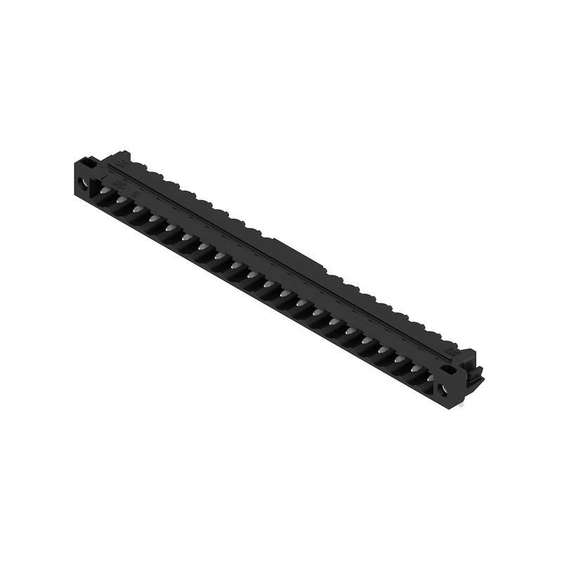 Ein schwarzer Plastikverbinder mit mehreren Anschlüssen, möglicherweise für Computer- oder elektronische Anwendungen verwendet.