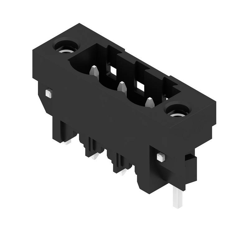 Eine schwarze, rechteckige elektronische Komponente mit drei silbernen Anschlüssen, die von unten hervorstehen und als Verbinder in elektronischen Geräten verwendet wird.