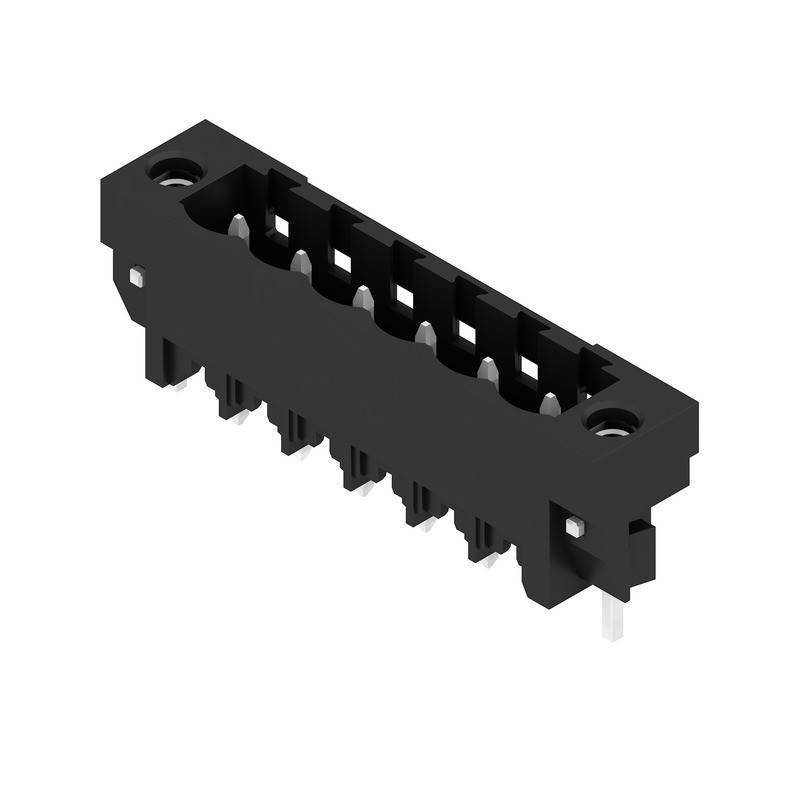 Ein schwarzer 8-poliger elektronischer Steckverbinder mit Befestigungslöchern an beiden Seiten, der zum Verbinden von elektronischen Komponenten auf einer Leiterplatte verwendet wird.