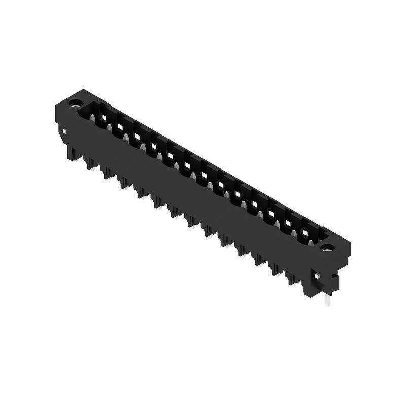 Ein schwarzer 20-poliger Anschluss-Steckverbinder, der typischerweise für elektronische Leiterplatten verwendet wird, mit einer Reihe von Steckplätzen für Pinverbindungen auf einer rechteckigen Basis.