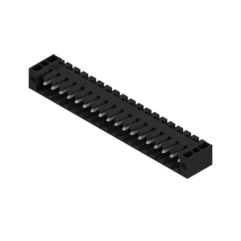 Ein schwarzer 24-poliger männlicher PCB-Steckverbinder in horizontaler Position, verwendet für elektronische Schaltungsverbindungen. Die Pins sind gleichmäßig angeordnet und ragen vertikal heraus.