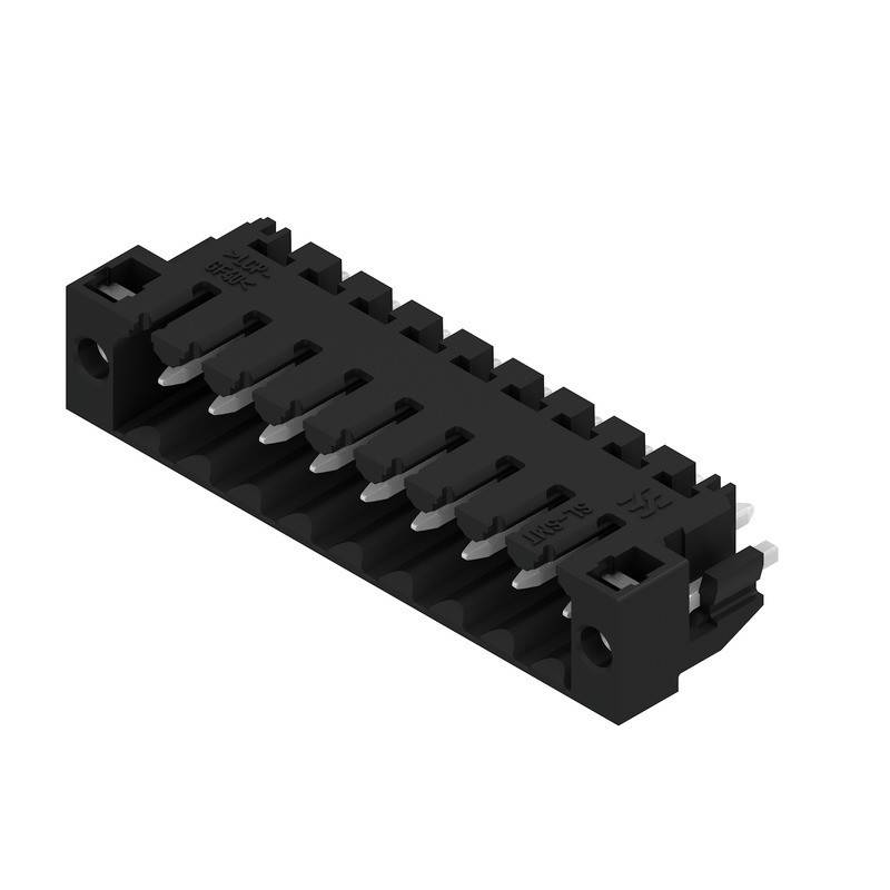 Ein schwarzer elektronischer Steckverbinder mit mehreren Pins, der für die Montage auf einer Leiterplatte konzipiert ist, aus einer Winkelansicht dargestellt.