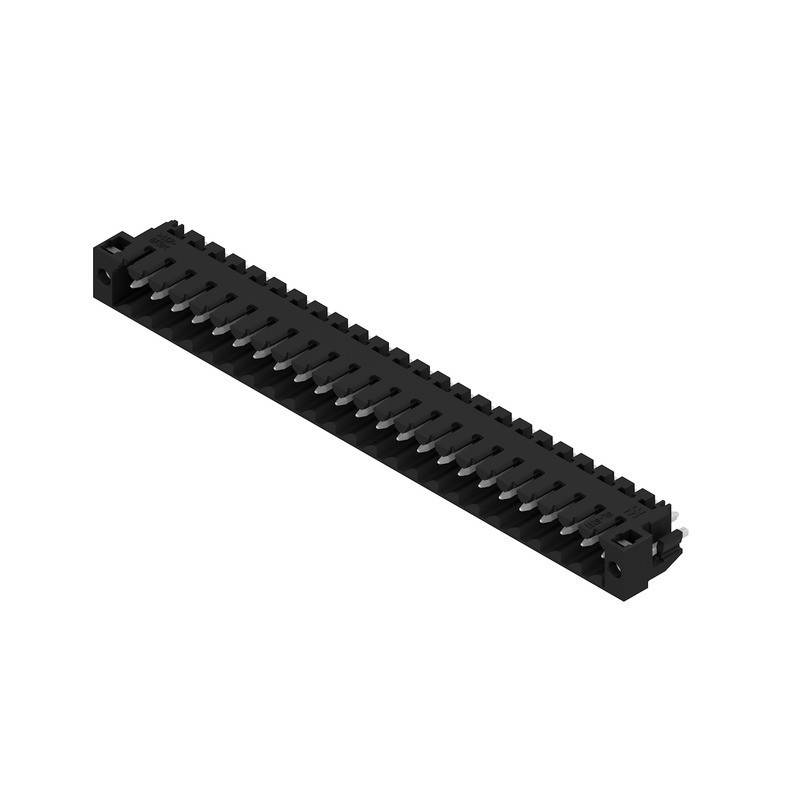 Ein schwarzer, rechteckiger elektronischer Steckverbinder mit mehreren Pins, die in einer einzigen Reihe angeordnet sind, der für Leiterplattenverbindungen verwendet wird.