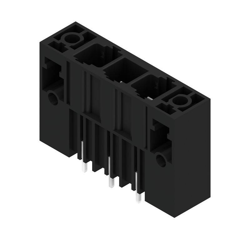 Ein schwarzer, rechteckiger elektronischer Stecker mit mehreren Metallstiften, die von der Unterseite hervorragen und häufig in elektrischen Geräten für Leitungsverbindungen verwendet werden.
