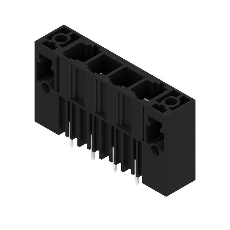 Eine 3D-Darstellung eines schwarzen elektrischen Anschlussblocks mit vier Öffnungen, der zur Verbindung von Schaltkreisen dient und aus einem leicht schrägen Blickwinkel betrachtet wird.