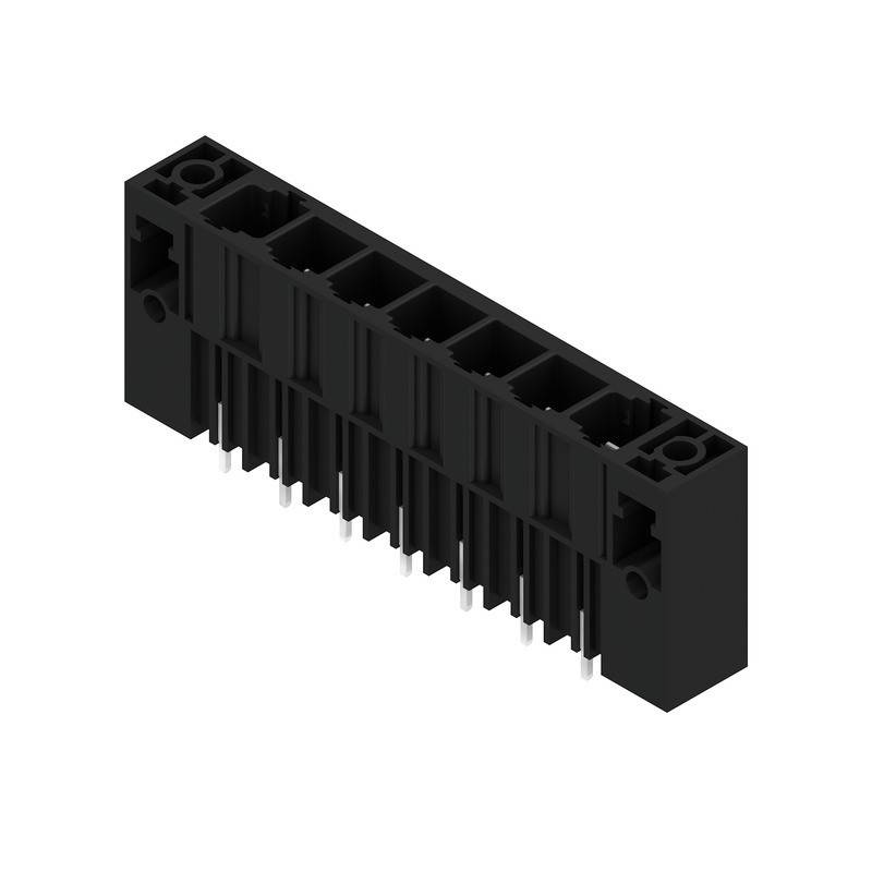 Ein schwarzer elektronischer Steckverbinder mit mehreren Pins, der für die Verbindung elektronischer Komponenten verwendet wird, aus einem seitlichen Blickwinkel dargestellt.