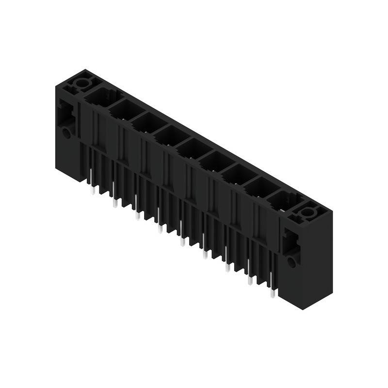 Ein 12-poliger schwarzer Kunststoffstecker mit rechteckiger Form, der Anschlussöffnungen entlang einer Seite aufweist und für elektronische Komponenten verwendet wird.