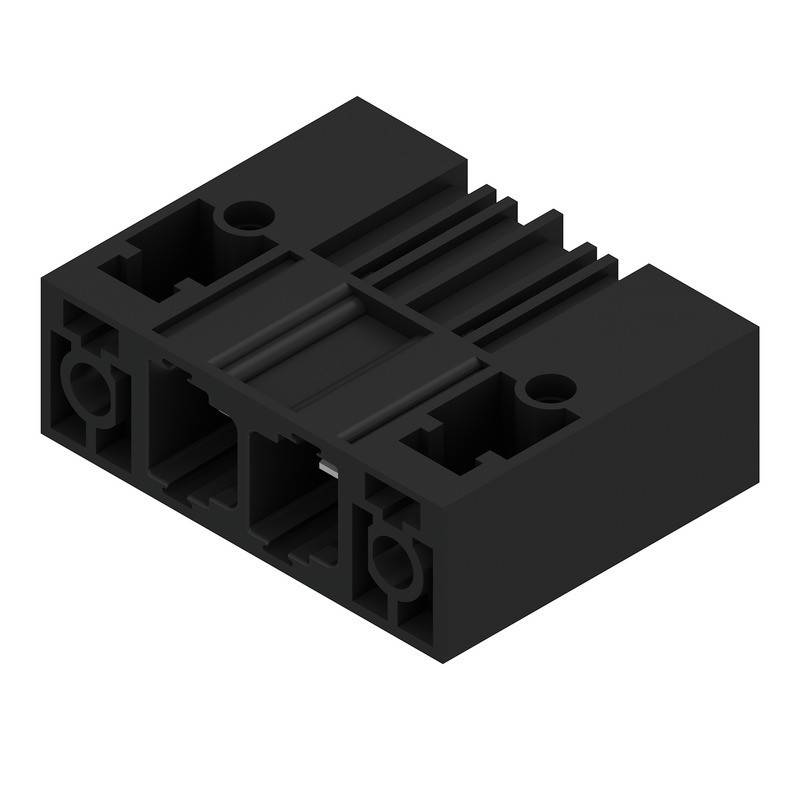 Ein schwarzer, rechteckiger Kunststoff-Verbindungsblock mit mehreren Schlitzen und Löchern, der für elektrische oder mechanische Montagezwecke entwickelt wurde.