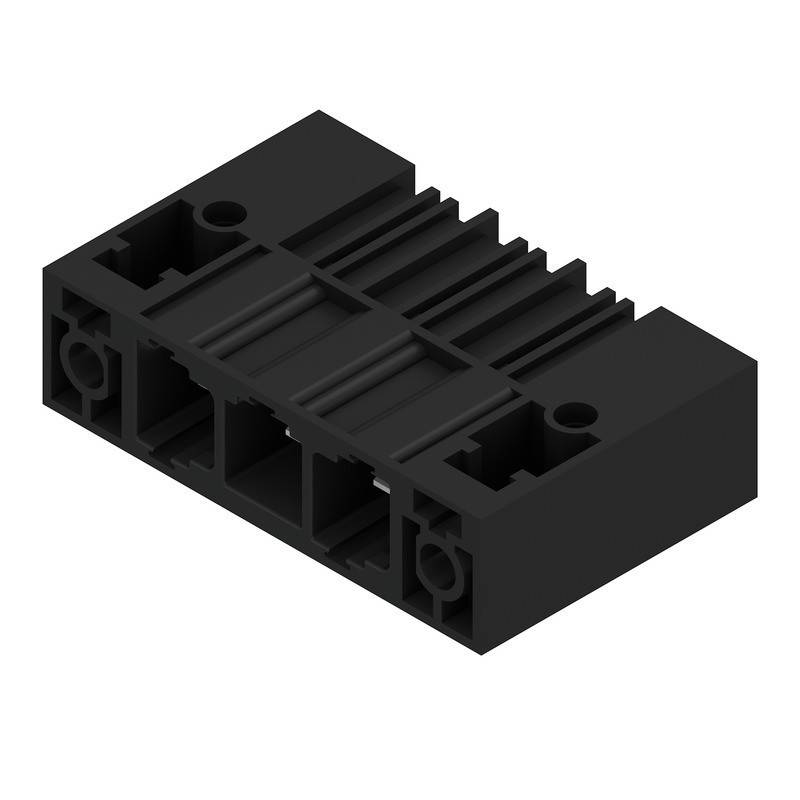 Ein schwarzer, rechteckiger Kunststoff-Elektronikstecker mit mehreren Schlitzen und Rillen, der wahrscheinlich zur Verbindung von Komponenten in einem Gerät verwendet wird.