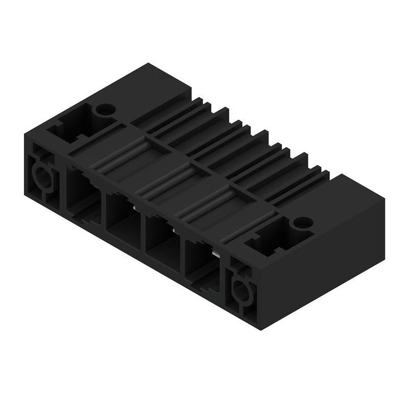 Ein schwarzes 6-poliges elektrisches Anschlussgehäuse mit geripptem Design und mehreren Schlitzen, vorgesehen für den Einsatz in elektronischen Geräten.