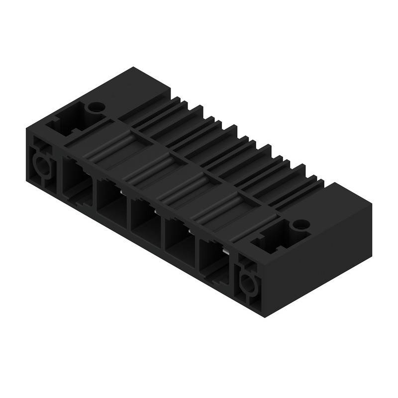 Ein schwarzes rechteckiges Anschlussgehäuse mit mehreren Öffnungen für elektrische oder Datenkabel, das zur Sicherung von Verbindungen in elektronischen Geräten verwendet wird.
